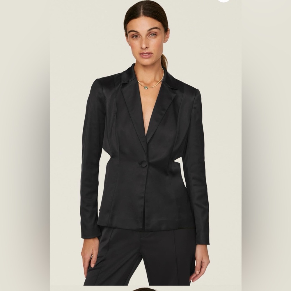 Donna Karan Black Satin Tailored Tuxedo Cut-out Single-Button Blazer